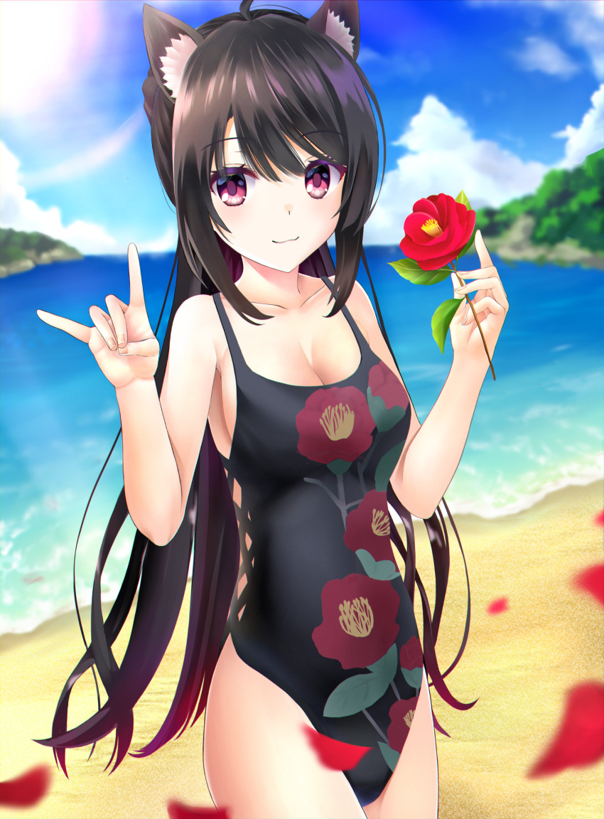 1girl :3 \n/ ahoge alternate_costume animal_ear_fluff animal_ears beach black_hair black_one-piece_swimsuit blue_sky blurry blush breasts camellia cleavage closed_mouth colored_eyelashes commentary_request cowboy_shot day depth_of_field eyelashes falling_petals floral_print flower hair_between_eyes hands_up highres holding holding_flower hoshikawa_kaguya large_breasts long_hair looking_at_viewer ocean one-piece_swimsuit outdoors petals red_eyes red_flower sidelocks sky smile solo standing swimsuit tenshi_souzou_re-boot! very_long_hair xiexianglg