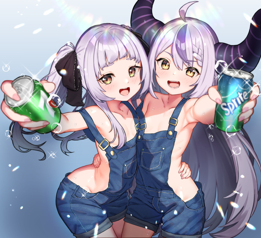 2girls 7up blue_background blue_overalls braid breasts can collarbone commentary_request cowboy_shot demon_girl dongchuan eyelashes flat_chest foreshortening gradient_background hand_on_another's_back holding hololive la+_darknesss light_purple_hair long_hair looking_at_viewer multiple_girls murasaki_shion nail_polish naked_overalls open_mouth outstretched_arm overall_shorts overalls parted_bangs pink_nails shiny_skin small_breasts soda_can sprite_(drink) teeth twintails two_side_up upper_body virtual_youtuber yellow_eyes