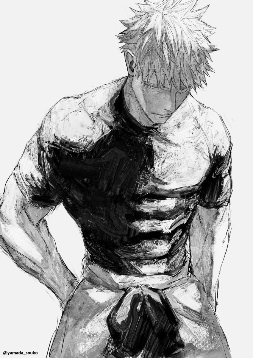 belt blue_eyes closed_mouth cowboy_shot gojou_satoru greyscale highres jujutsu_kaisen kuwoniagyu11112 looking_at_viewer monochrome muscular muscular_male pants shirt short_hair short_sleeves simple_background spot_color standing tight_clothes tight_shirt twitter_username