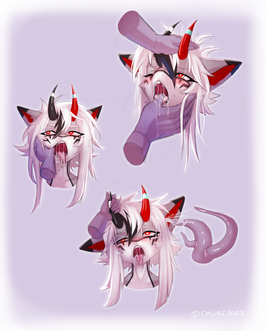 &lt;3 &lt;3_eyes ahegao anthro asian_mythology blush bodily_fluids drooling ear_penetration east_asian_mythology face_grab finger_in_mouth girly hi_res holding_tongue horn horn_grab japanese_mythology licking looking_pleasured male mawplay mindfuck mouth_hold mouth_play mouth_shot mythology okuri okuri_yamainu open_mouth oral parasite penetration petting petting_head saliva saliva_string solo submissive tentacles thumb_in_mouth tongue tongue_out tsundere uppity yokai