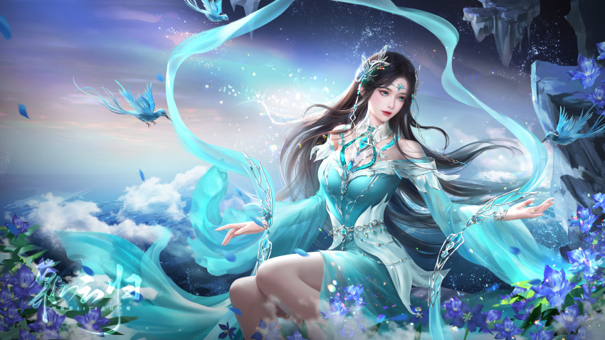 1girl absurdres bare_shoulders bird blue_bird blue_dress blue_flower circlet cloud douluo_dalu dress floating_island flower hagoromo hair_ornament highres hua_wei_yang long_sleeves ning_rongrong_(douluo_dalu) ocean rainbow second-party_source shawl sitting solo sparkle star_(sky) upper_body