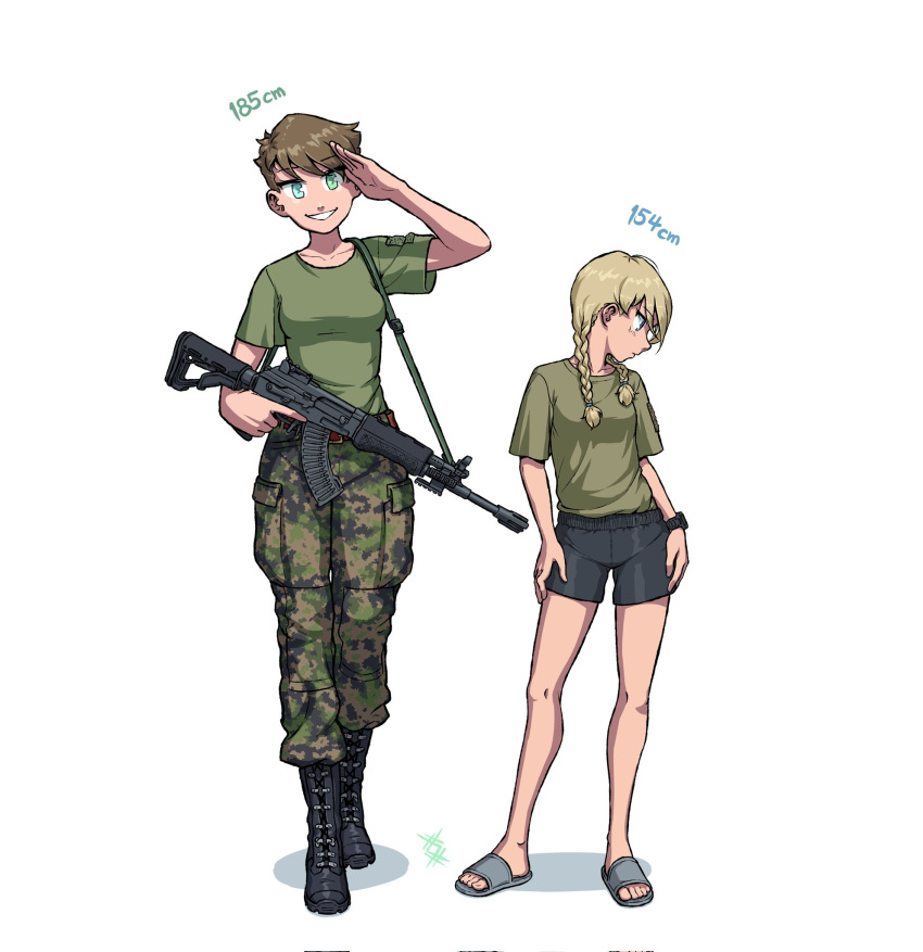 2girls aqua_eyes artist_logo assault_rifle black_footwear black_shorts boots braid brown_hair camouflage camouflage_pants full_body green_shirt gun height height_difference highres holding holding_weapon long_hair looking_at_viewer lyyti_aanismaa military_uniform multiple_girls neea_takarautio original ostwindprojekt pants rifle salute sandals seno_lepo shadow shirt shirt_tucked_in short_hair shorts simple_background twin_braids uniform walking watch weapon white_background wristwatch