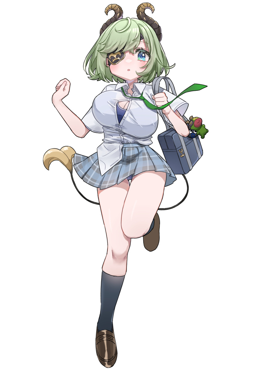 1girl absurdres bag bag_charm black_socks blue_eyes blue_skirt blush bouncing_breasts breasts brown_footwear brown_horns button_gap charm_(object) cleavage collared_shirt commentary curled_horns demon_girl demon_horns demon_tail expressionless eyepatch full_body green_hair grey_bag highres horns large_breasts loafers looking_at_viewer medium_bangs miniskirt nanashi_inc. open_mouth plaid plaid_skirt pleated_skirt running school_bag sekishiro_mico shirt shoes short_hair simple_background skirt socks solo symbol-only_commentary tail tamotsu_(mary) virtual_youtuber white_background white_shirt