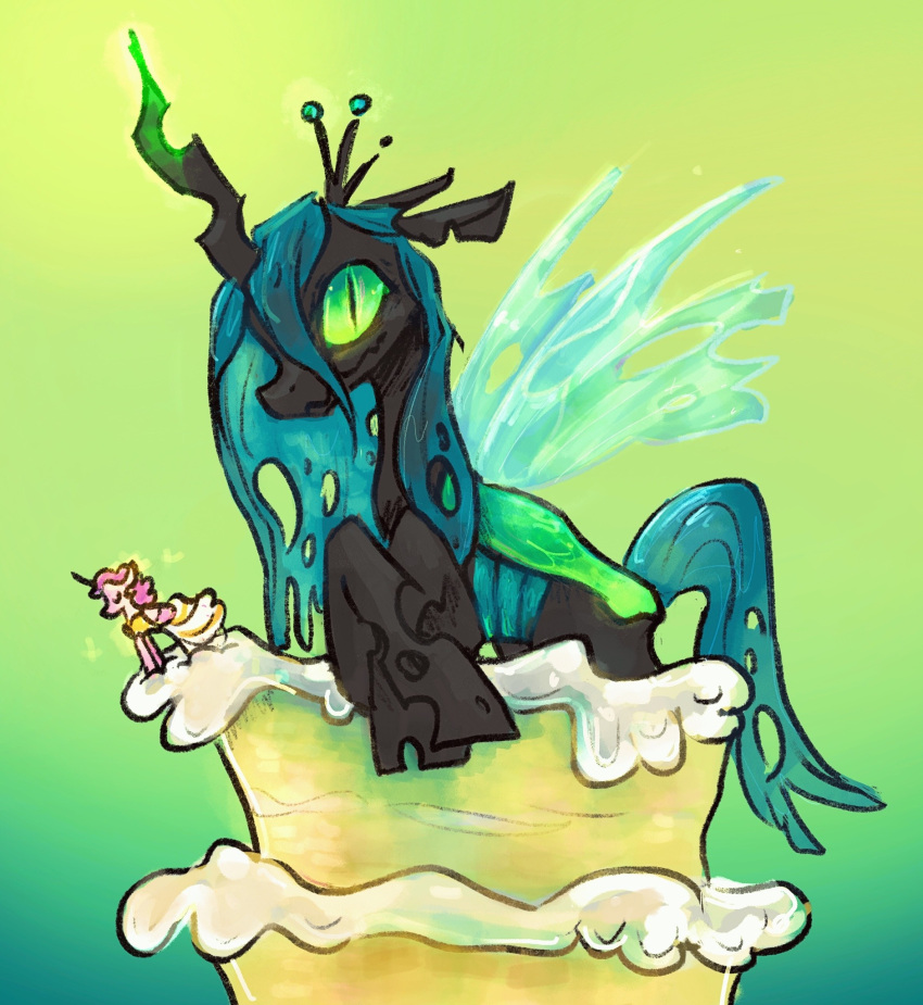 2023 arthropod black_body black_skin cake changeling crown dessert digital_media_(artwork) female feral food friendship_is_magic glowing glowing_horn green_background green_eyes hasbro headgear hi_res horn insect_wings magic my_little_pony pupils queen_chrysalis_(mlp) sealdeer_(artist) simple_background slit_pupils smile solo wings