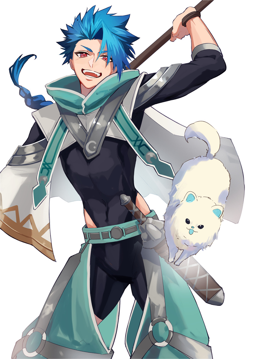 1boy absurdres black_bodysuit black_wristband blue_hair bodysuit bodysuit_under_clothes braid braided_ponytail clothing_cutout cu_chulainn_(fate) dog fate/grand_order fate_(series) haruakira highres holding holding_weapon long_hair male_focus o-ring open_mouth over_shoulder puffy_pants red_eyes samoyed_(dog) setanta_(fate) sheath simple_background spiked_hair teeth thigh_cutout weapon weapon_over_shoulder white_background white_dog