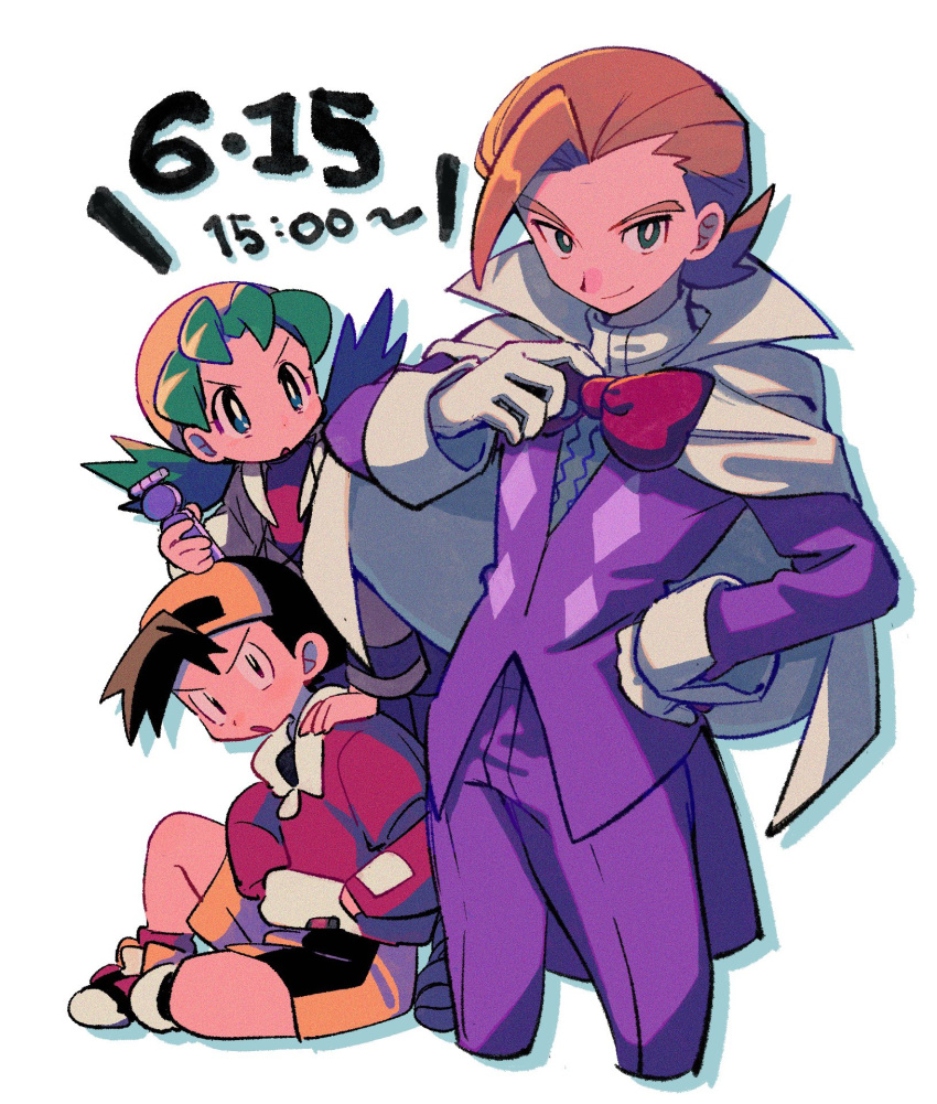 1girl 2boys adjusting_bowtie bow bowtie bright_pupils brown_hair capelet closed_mouth commentary_request ethan_(pokemon) eusine_(pokemon) gloves green_hair hand_up hat highres holding jacket kris_(pokemon) long_hair multiple_boys ok_ko19 pants pokemon pokemon_(game) pokemon_gsc purple_jacket purple_pants red_bow red_bowtie shirt shoes short_hair shorts sitting smile twintails