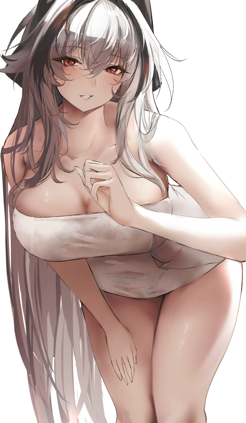 1girl azur_lane bare_shoulders black_hair blush breasts cleavage commentary english_commentary grey_hair hand_up highres kursk_(azur_lane) kursk_(lone_wolf_amid_the_steam)_(azur_lane) large_breasts liaowen long_hair looking_at_viewer multicolored_hair naked_towel official_alternate_costume parted_lips red_eyes simple_background smile streaked_hair thighs towel white_background