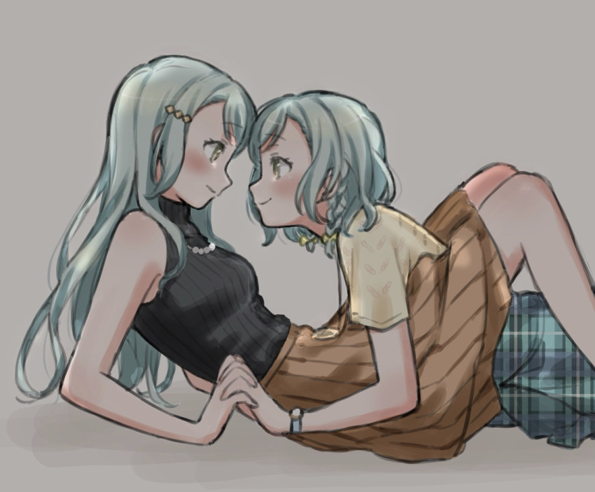 2girls aya--xx bang_dream! between_legs black_sweater_vest bow braid brown_skirt casual green_skirt grey_background hair_bow hair_ornament hairclip hand_between_legs hikawa_hina hikawa_sayo holding_hands imminent_kiss incest interlocked_fingers jewelry looking_at_another medium_hair multiple_girls multiple_hair_bows necklace shirt short_sleeves siblings sisters skirt sleeveless sweater_vest twin_braids twincest twins yellow_shirt yuri