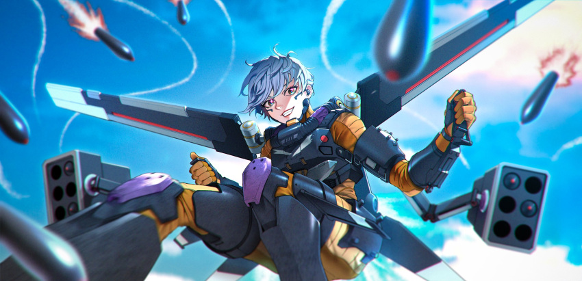 1girl anemia_kwus animification apex_legends black_footwear bodysuit boots contrail controller earpiece flying gloves grey_hair hair_behind_ear highres jetpack joystick looking_at_viewer metal_boots missile missile_pod orange_bodysuit orange_gloves parted_lips purple_eyes short_hair smile solo thigh_boots valkyrie_(apex_legends)