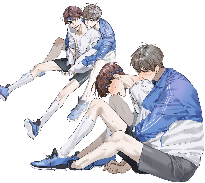 2boys absurdres bishounen black_shorts blue_footwear blue_headband blue_jacket blush brown_hair chamuring couple eye_contact headband highres hug hug_from_behind jacket jeong_heechan ki_sangho kiss kissing_neck kneehighs looking_at_another mole mole_under_eye multiple_boys multiple_views open_clothes open_jacket open_mouth parted_bangs short_hair shorts sitting smile socks sweatdrop white_background white_socks yaoi