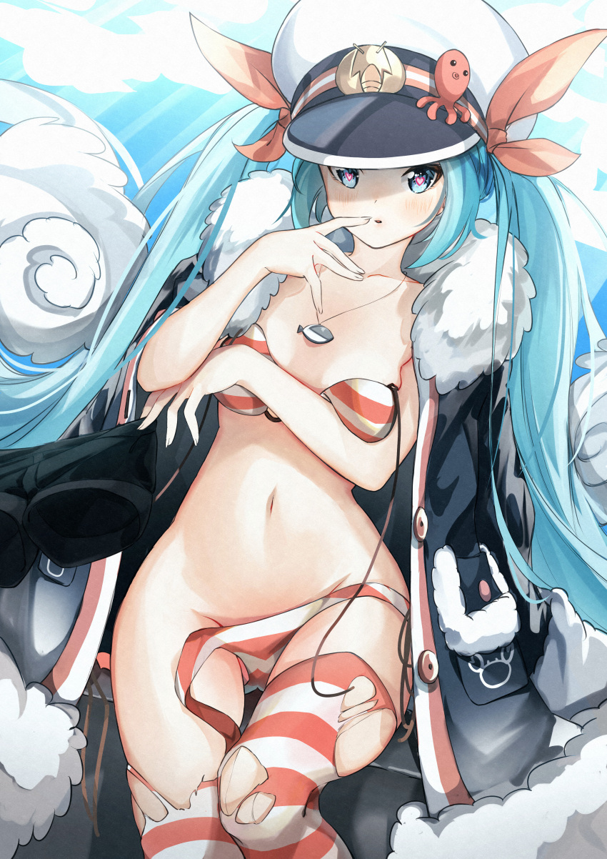 1girl absurdres arm_across_chest bikini black_coat blue_eyes blue_hair bow bra breasts coat coat_on_shoulders collarbone commentary cowboy_shot crab crab_print finger_to_mouth fish_pendant fur-trimmed_coat fur_trim groin hair_bow hat hatsune_miku heart heart-shaped_pupils highres hymgkamui jewelry light_blue_hair long_hair navel octopus parted_lips partially_undressed peaked_cap pendant red_bikini red_bow red_bra red_thighhighs small_breasts solo striped striped_bikini striped_bra swimsuit symbol-shaped_pupils thigh_gap thighhighs torn_clothes torn_thighhighs umi_no_searchlight_(vocaloid) underwear variant_set very_long_hair vocaloid wavy_hair white_bikini white_hair white_headwear yuki_miku yuki_miku_(2022)