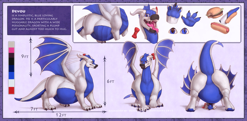 3_toes 4_fingers ambiguous_gender belly big_belly blue_belly devou digitigrade dirtyfox911911 dragon feet feral fingers frill_(anatomy) hi_res horn membrane_(anatomy) membranous_wings solo tail teeth toes tongue tongue_out white_body wings
