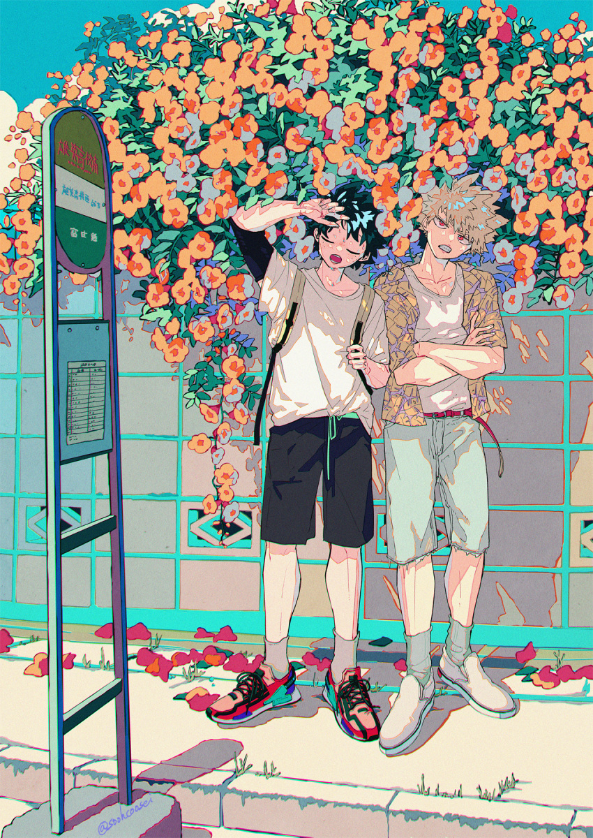 2boys alternate_costume arm_up backpack bag bakugou_katsuki belt belt_buckle black_shorts blonde_hair blue_shorts blue_sky blush boku_no_hero_academia buckle bus_stop bus_stop_sign casual cel_shading check_flower chromatic_aberration closed_eyes clothing_request collarbone cross-laced_footwear crossed_arms dark_green_hair day dot_nose drawstring eyebrows_hidden_by_hair film_grain flower flower_request freckles full_body grey_socks hair_between_eyes hand_up hands_up head_tilt highres holding_strap jacket lapels ligne_claire looking_at_viewer male_focus midoriya_izuku morning_glory multicolored_clothes multicolored_jacket multiple_boys notched_lapels open_clothes open_jacket open_mouth orange_flower outdoors paper petals pink_belt pink_lips print_jacket red_eyes red_footwear road_sign scar scar_on_arm scar_on_hand shade shading_eyes shadow shirt shirt_partially_tucked_in shoes short_hair short_sleeves shorts sidewalk sign sky sneakers socks souko_(floyd) spiked_hair standing sweat t-shirt two-tone_jacket v-shaped_eyebrows white_shirt