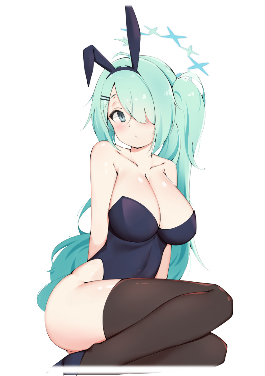 1girl absurdres animal_ears black_thighhighs blue_archive breasts cleavage green_hair grey_eyes hair_ornament hair_over_one_eye hairclip halo highres hiyori_(blue_archive) komasi large_breasts long_hair playboy_bunny rabbit_ears side_ponytail thighhighs