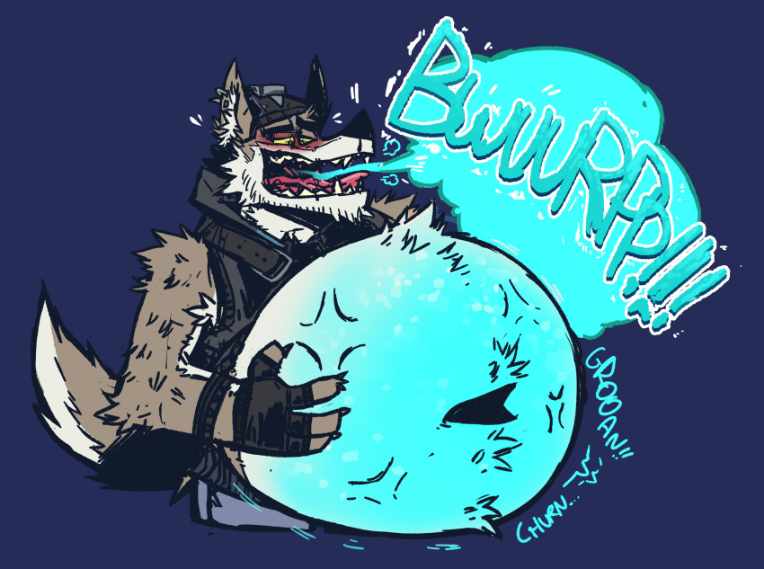absurd_res anthro belly belly_blush belly_expansion belly_inflation big_belly black_clothing black_topwear black_vest blue_background blue_text blush body_blush bottomwear brown_body brown_fur burp_cloud burping canid canine canis clothing cross-popping_vein deep_navel epic_games expansion fluffy fortnite fur grey_bottomwear grey_clothing grey_pants half-closed_eyes hand_on_stomach hands_on_belly headgear hi_res inflation lidded_eyes male mammal motion_lines narrowed_eyes navel onomatopoeia open_mouth pants pink_tongue rumbling_stomach simple_background sloshing_belly sokkacherimoya solo sound_effects standing teeth text tongue topwear vest wendell_(fortnite) wolf