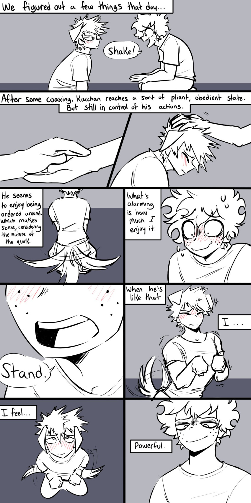 absurd_res animal_humanoid begging begging_pose blush bodily_fluids canid canid_humanoid canine canine_humanoid clothed clothing comic dialogue dog_humanoid duo english_text floppy_ears fully_clothed hi_res human humanoid izuku_midoriya katsuki_bakugou male male/male mammal mammal_humanoid my_hero_academia petplay petting pose pretty_werewolf roleplay speech_bubble sweat tail tail_motion tailwag text