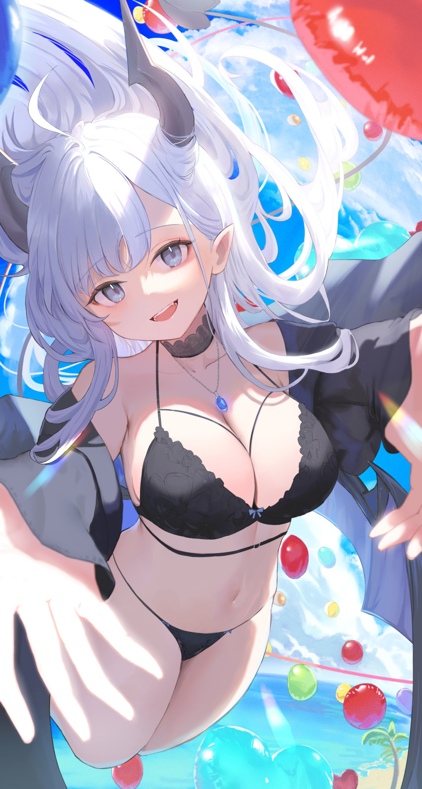 1girl absurdres ahoge balloon bare_shoulders black_bra black_choker black_jacket black_panties blue_eyes borrowed_character bra breasts choker cleavage collarbone daily_(daily178900) demon_girl demon_horns demon_tail demon_wings fang floating_hair halterneck highres horns jacket jewelry large_breasts lingerie long_hair looking_at_viewer midair multi-strapped_bra navel necklace off_shoulder open_clothes open_jacket open_mouth original outstretched_arms panties pointy_ears smile solo stomach string_bra string_panties tail thea_(nekojira) thighs underwear very_long_hair white_hair wings