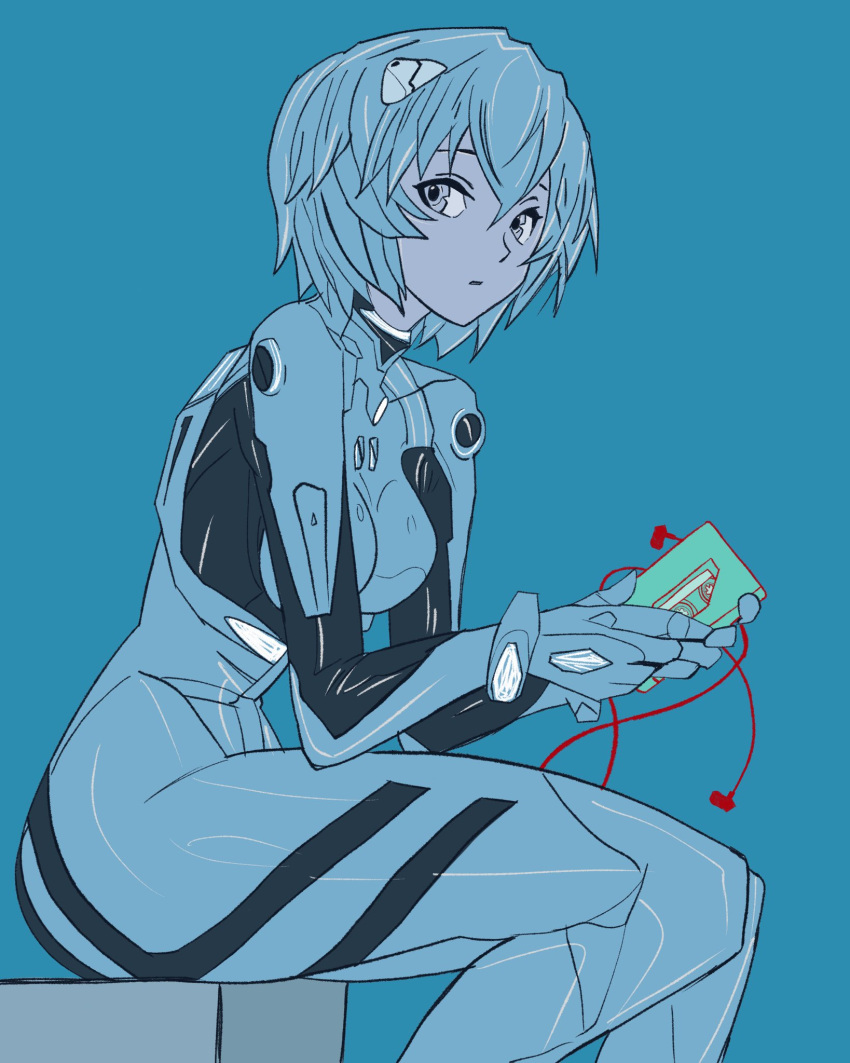 1girl ayanami_rei blue_background blue_bodysuit blue_hair blue_theme bodysuit breasts cassette_player earphones feet_out_of_frame from_side highres holding interface_headset looking_at_viewer lukish medium_breasts neon_genesis_evangelion pilot_suit plugsuit short_hair simple_background sitting solo spot_color