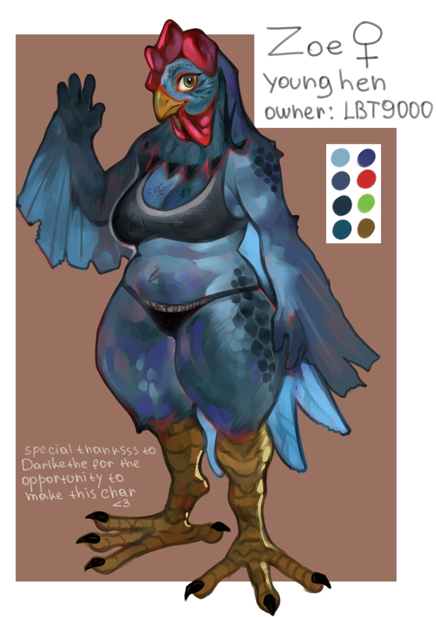 &lt;3 2023 4_fingers absurd_res anthro artist_name avian beak bent_arm big_eyes big_iris biped bird black_claws black_pupils black_text blue_body blue_feathers bra breasts character_name chicken claws cleavage closed_smile clothed clothed_anthro clothed_female clothing dark_body dark_feathers digital_drawing_(artwork) digital_media_(artwork) english_text extended_arm eyeliner feathers female female_anthro female_symbol fingers full-length_portrait galliform gallus_(genus) gender_symbol geometric_background gesture green_eyes hi_res iris lbt9000 looking_at_viewer makeup medium_breasts model_sheet mouth_closed multicolored_bra multicolored_clothing multicolored_panties multicolored_underwear non-mammal_breasts panties phasianid portrait pupils red_eyeliner simple_background slightly_chubby slightly_chubby_anthro slightly_chubby_female smile smiling_at_viewer solo straight_legs symbol text text_on_clothing text_on_panties text_on_underwear thick_thighs toe_claws two_tone_bra two_tone_clothing two_tone_panties two_tone_underwear underwear waving waving_at_viewer white_text wide_hips yellow_beak zoe_(lbt9000)