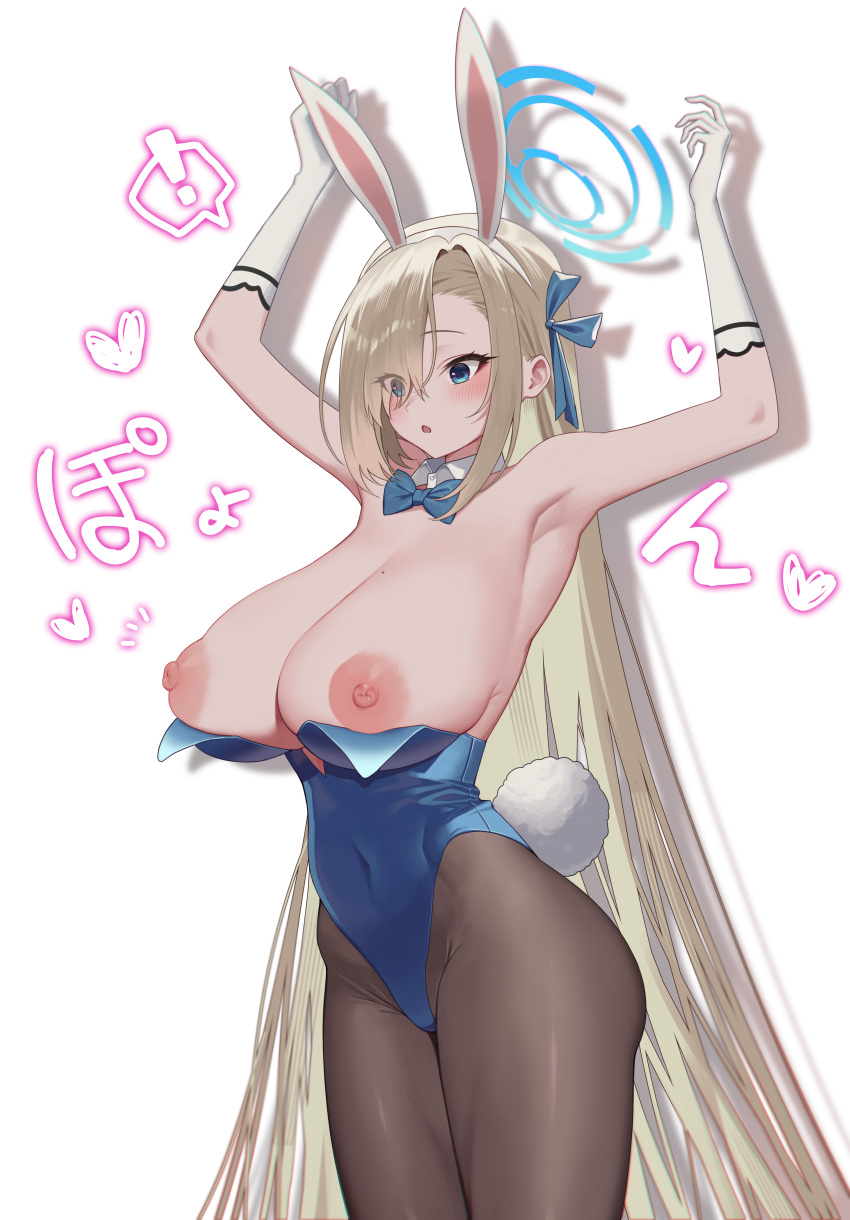 ! 1girl absurdres animal_ears aqua_bow aqua_bowtie aqua_leotard armpits arms_up asuna_(blue_archive) asuna_(bunny)_(blue_archive) asymmetrical_bangs bare_shoulders black_pantyhose blue_archive bow bowtie breasts breasts_out commentary covered_navel detached_collar fake_animal_ears fake_tail gloves hair_over_one_eye halo heart highres huge_breasts leotard leotard_pull light_brown_hair long_bangs long_hair looking_down mole mole_on_breast nipples outstretched_arms pantyhose playboy_bunny rabbit_ears rabbit_tail seoki_(hi3031) solo sparkle spoken_exclamation_mark tail very_long_hair wardrobe_malfunction white_gloves