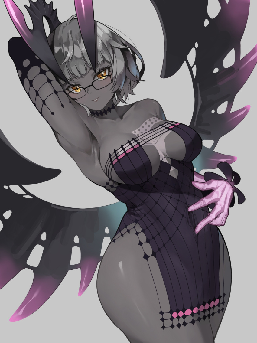 1girl absurdres arm_up armpits bare_shoulders black-framed_eyewear black_choker black_dress black_horns black_sleeves black_wings breasts choker cleavage colored_skin commentary cowboy_shot demon_girl demon_horns demon_wings detached_sleeves dress fate/grand_order fate_(series) fromgod_jungle glasses glowing glowing_hand grey_background grey_hair grey_skin highres horns jacques_de_molay_(foreigner)_(fate) jacques_de_molay_(foreigner)_(third_ascension)_(fate) large_breasts light_blush looking_at_viewer off-shoulder_dress off_shoulder parted_lips pelvic_curtain short_dress short_hair simple_background smile solo teeth wings yellow_eyes