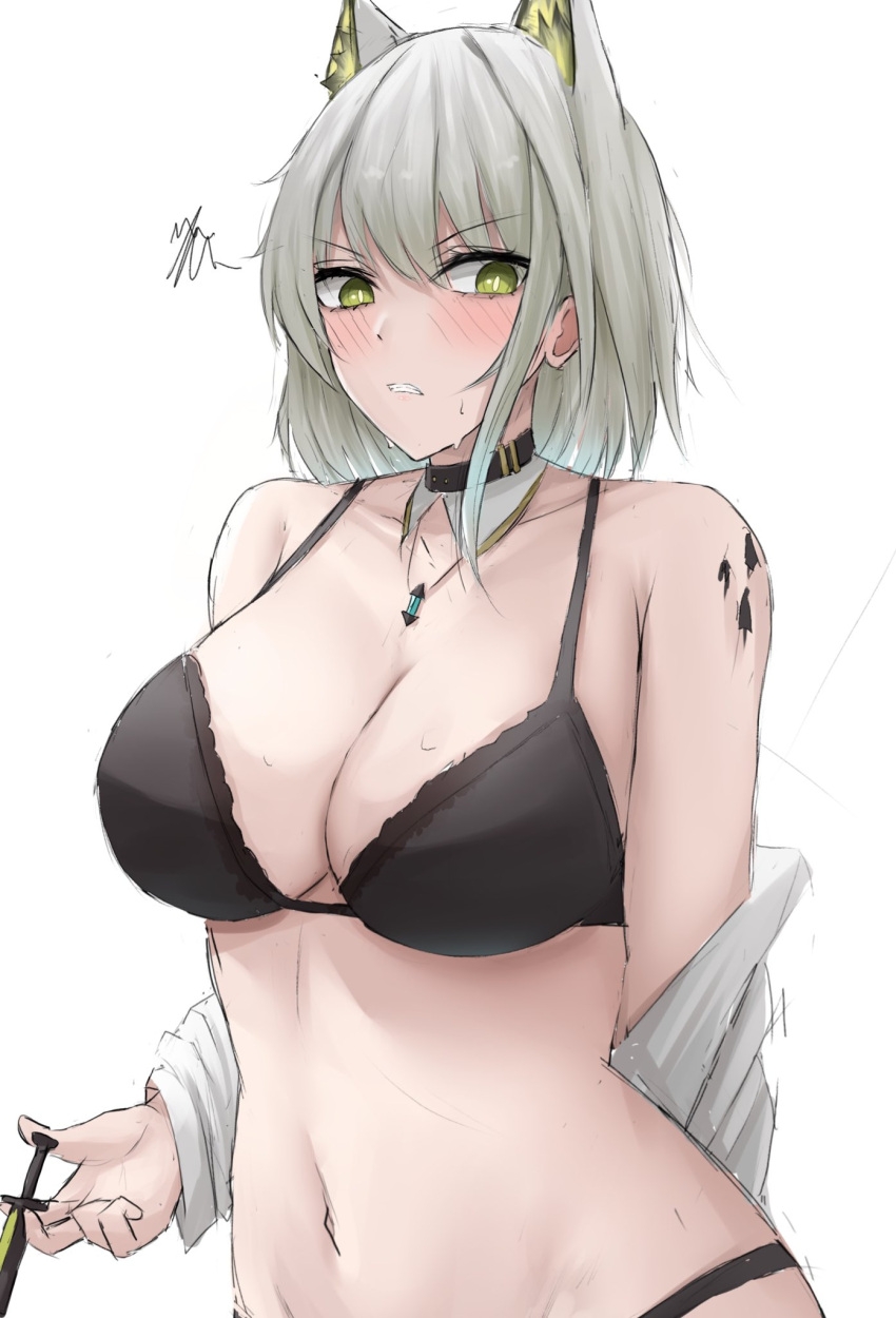 1girl animal_ears arknights bare_shoulders black_bra blush bra breasts cat_ears cleavage commentary green_eyes grey_hair highres holding holding_syringe kal'tsit_(arknights) large_breasts looking_at_viewer nami_(namikare4) navel off_shoulder oripathy_lesion_(arknights) short_hair solo stomach syringe underwear upper_body