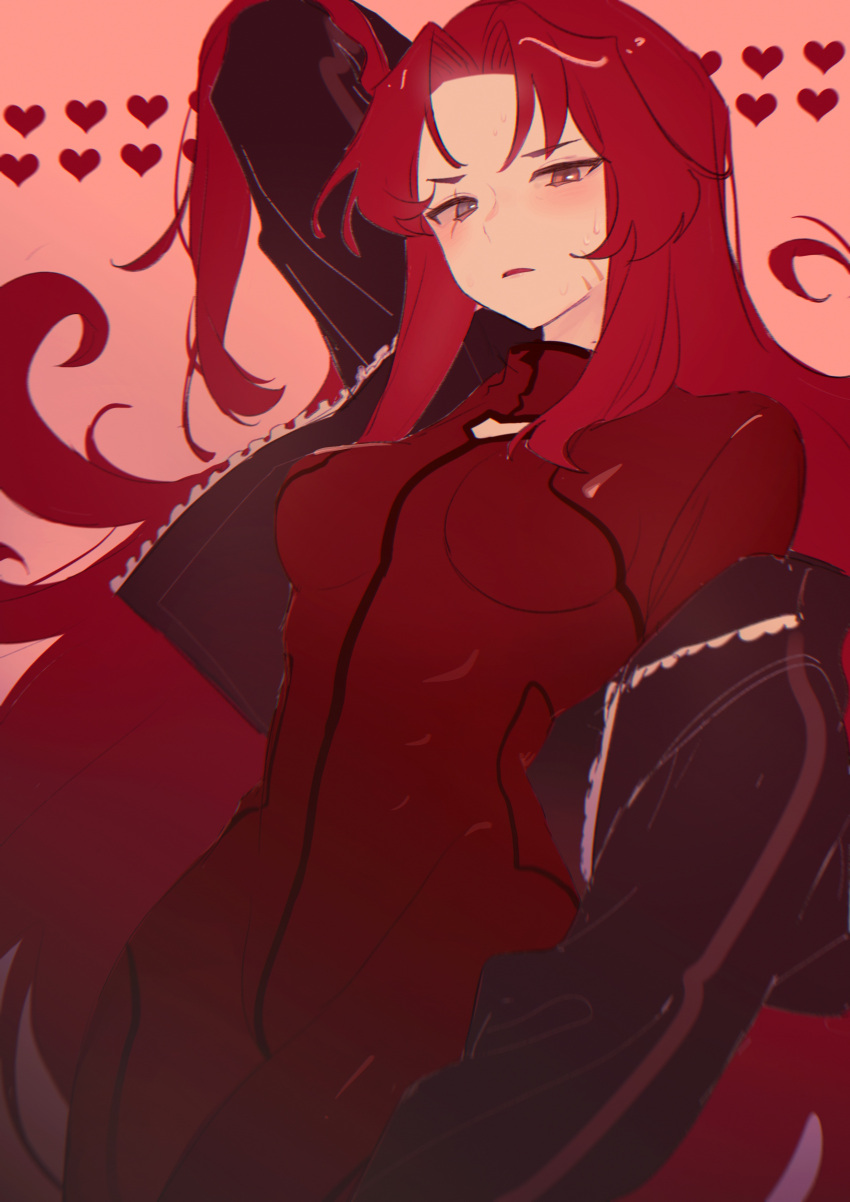 1girl absurdres arm_up as-zero black_jacket blush bodysuit breasts gebura_(project_moon) grey_eyes heart heterochromia highres jacket lobotomy_corporation long_hair long_sleeves medium_breasts parted_bangs parted_lips pink_background project_moon red_bodysuit red_hair scar scar_across_eye sidelocks simple_background solo sweat very_long_hair yellow_eyes