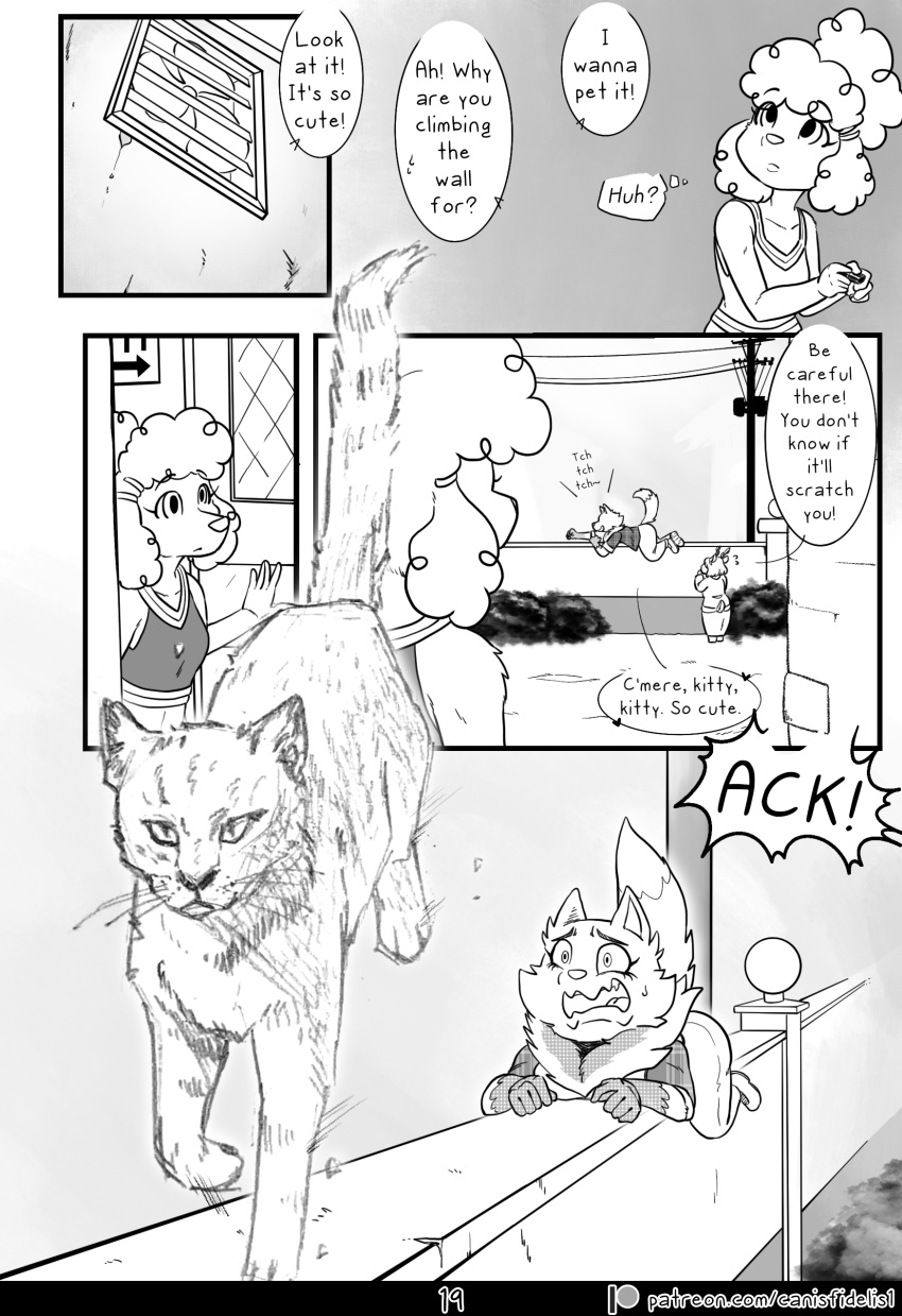 2023 2_horns abby_(canisfidelis) absurd_res ambiguous_gender amy_(canisfidelis) anthro antlers biped bodily_fluids bottomwear canid canine canis canisfidelis capreoline cheek_tuft clothed clothing comic deer dialogue dipstick_tail domestic_cat domestic_dog duo eliza_(canisfidelis) english_text eyebrows facial_tuft felid feline felis female feral floppy_ears fluffy fluffy_ears fluffy_hair footwear gloves_(marking) group hair hi_res holding_object horn inside jacket looking_at_another looking_up lying mammal maned_wolf markings monochrome neck_tuft on_front open_mouth outside pants ponytail poodle quadruped reindeer scared scut_tail shirt short_hair short_tail skirt solo speech_bubble standing sweat sweatdrop tail tail_markings teeth text thought_bubble tongue topwear trio tuft