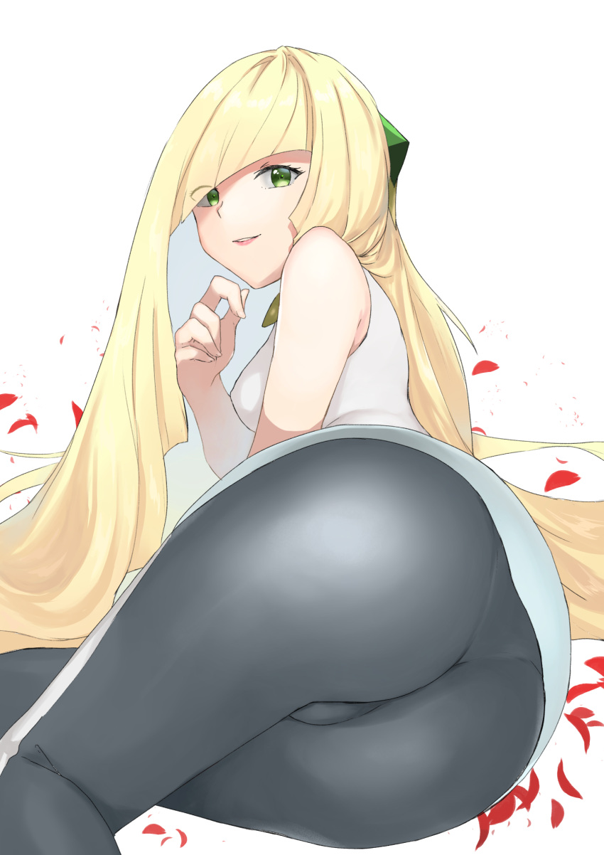 1girl ass bare_arms bare_shoulders black_leggings blonde_hair breasts dress green_eyes hair_over_one_eye highres jyu_gorilla leggings long_bangs long_hair lusamine_(pokemon) mature_female pokemon pokemon_(game) pokemon_sm short_dress sleeveless sleeveless_dress small_breasts solo two-tone_legwear very_long_hair white_dress white_leggings