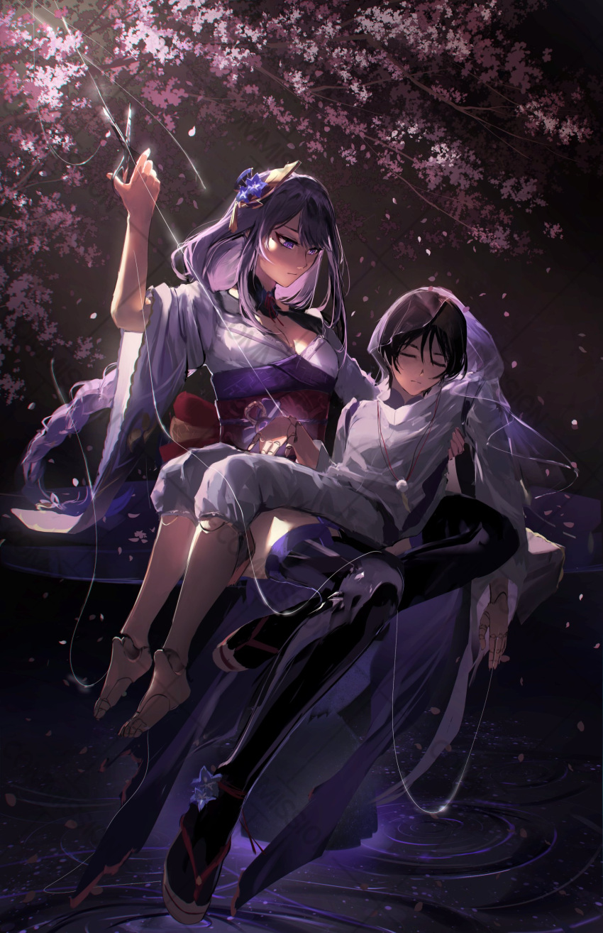 1boy 1girl absurdres braid braided_ponytail breasts cherry_blossoms closed_eyes doll_joints eyeshadow genshin_impact grey_vest hair_between_eyes hair_ornament highres holding holding_scissors japanese_clothes joints kimono long_hair long_sleeves makeup meltyrice mole mole_under_eye obi obijime purple_eyes purple_hair purple_kimono purple_shirt purple_veil raiden_shogun red_eyeshadow sash scaramouche_(genshin_impact) scaramouche_(kabukimono)_(genshin_impact) scissors shirt short_hair string two-tone_vest veil very_long_hair vest white_vest wide_sleeves