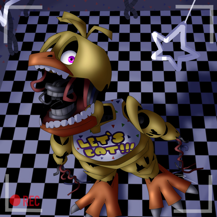 avian bird camera chicken claws endoskeleton female five_nights_at_freddy's five_nights_at_freddy's_2 galliform gallus_(genus) hi_res horror_(theme) humanoid hybrid machine passiona_roo phasianid robot scottgames solo tall teeth toe_claws withered_chica_(fnaf)