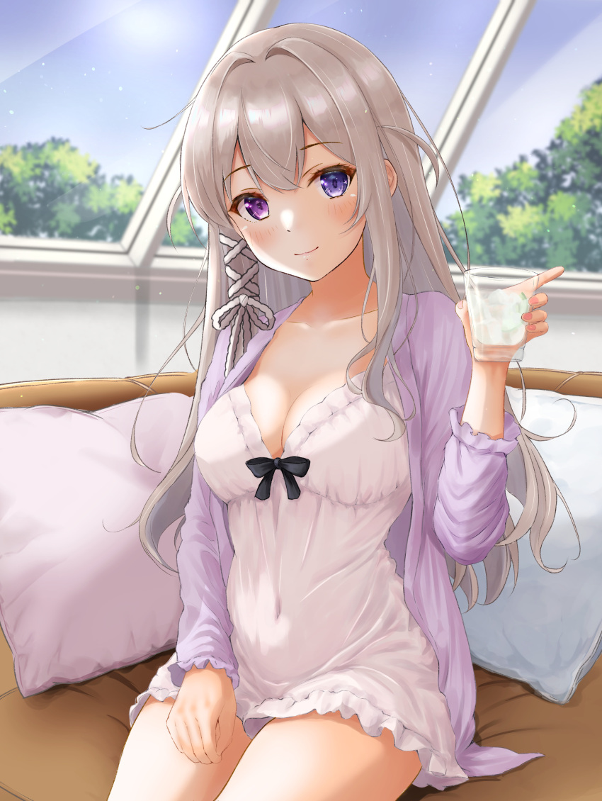 1girl absurdres alcohol azur_lane blonde_hair blue_eyes blush breasts ca_paria cleavage collarbone commentary_request couch covered_navel cup frills hand_up heterochromia highres holding holding_cup indoors jacket large_breasts long_hair long_sleeves looking_at_viewer murmansk_(azur_lane) murmansk_(sceneries_of_pure_snow)_(azur_lane) nightgown official_alternate_costume open_clothes open_jacket pillow purple_eyes purple_jacket revision sitting smile solo tree vodka white_nightgown window
