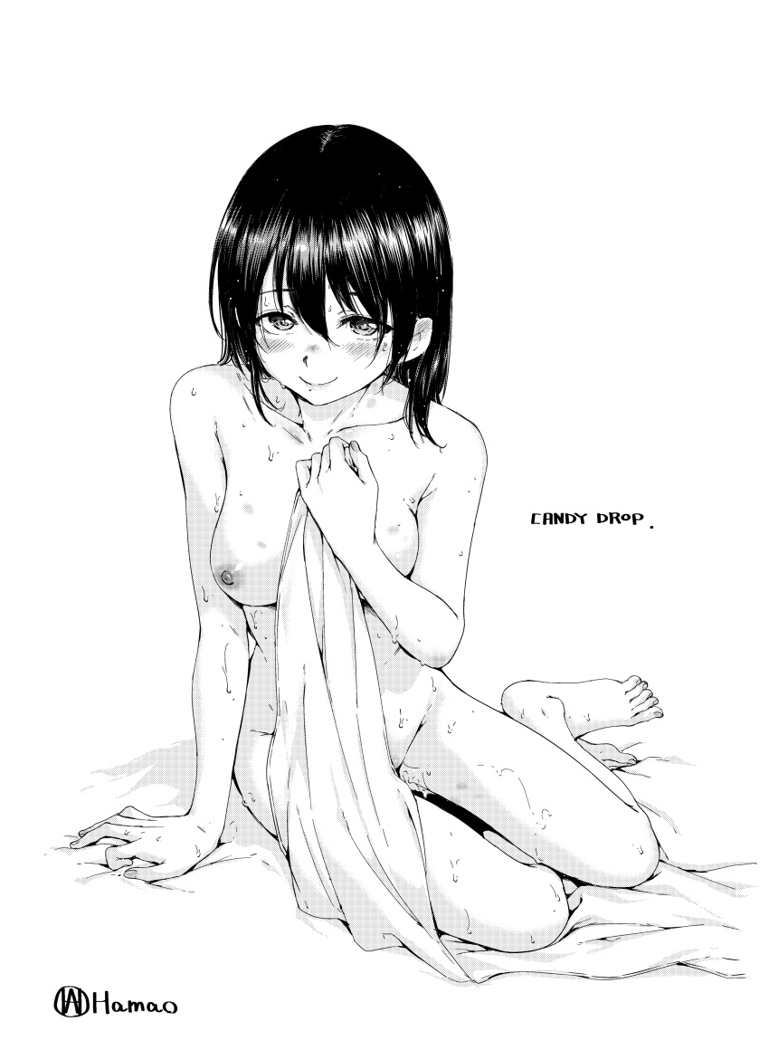 1girl absurdres arm_support barefoot blush breasts completely_nude full_body greyscale hamao highres holding holding_towel looking_at_viewer medium_breasts medium_hair monochrome nude original pussy_juice sitting smile solo sweat toes towel yokozuwari