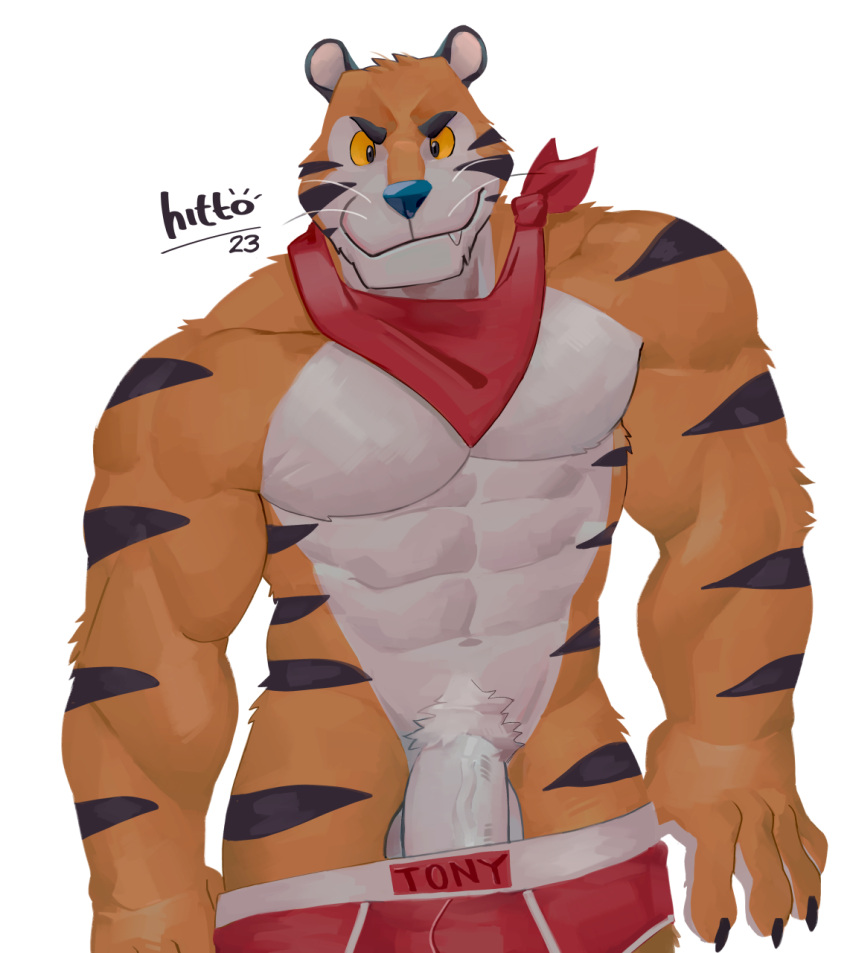 abs anthro balls bandanna biceps blue_nose clothed clothing digital_media_(artwork) felid frosted_flakes fur genitals hi_res hittoga kellogg's kerchief looking_at_viewer male mammal mascot muscular muscular_anthro muscular_male pantherine partially_clothed pecs penis red_clothing red_underwear simple_background solo stripes tiger tony_the_tiger underwear undressing white_background