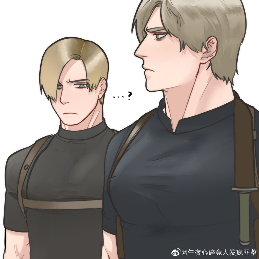 2boys bao_(bobobao21) bara breast_envy chest_harness clone from_side harness highres large_pectorals leon_s._kennedy looking_at_another looking_at_pectorals male_focus meme multiple_boys muscle_envy muscular muscular_male pectoral_envy_(meme) pectoral_focus pectorals resident_evil resident_evil_4 resident_evil_4_(remake) shirt short_hair tight_clothes tight_shirt upper_body