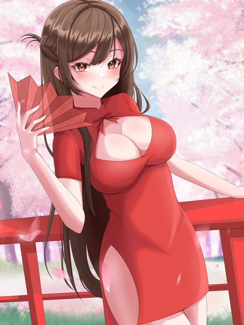 1girl absurdres blush bow bowtie braid breasts brown_hair cherry_blossoms cherry_tree china_dress chinese_clothes cleavage cleavage_cutout clothing_cutout dress falling_petals hand_fan highres holding holding_fan kanojo_okarishimasu large_breasts long_hair miwapeito mizuhara_chizuru paper_fan petals red_bow red_bowtie red_dress short_sleeves side_slit sky smile solo