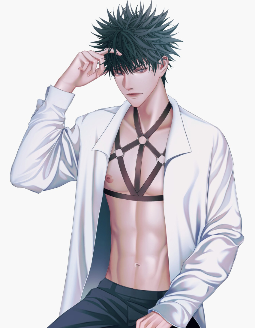 1boy abs black_hair black_pants blue_eyes chest_harness closed_mouth english_commentary fushiguro_megumi hand_on_own_head harness highres jujutsu_kaisen long_sleeves looking_at_viewer male_focus navel nipples open_clothes open_shirt pants pectorals shirt short_hair sitting solo spiked_hair toned toned_male white_background white_shirt zhhy3324