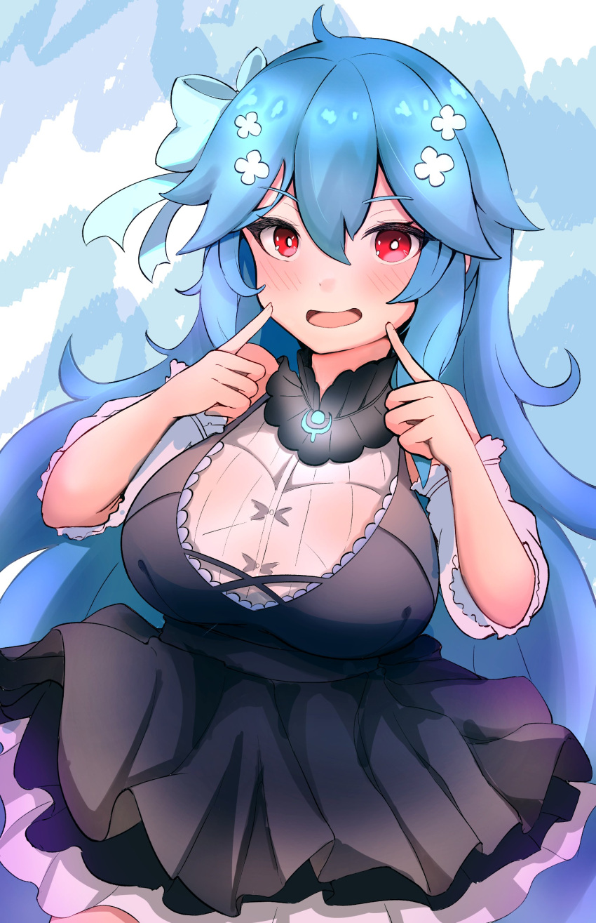 1girl absurdres bao_(vtuber) blue_bow blue_hair blush bow breasts dress hair_bow hair_ornament highres humanization indie_virtual_youtuber large_breasts long_hair looking_at_viewer open_mouth red_eyes sae_art virtual_youtuber