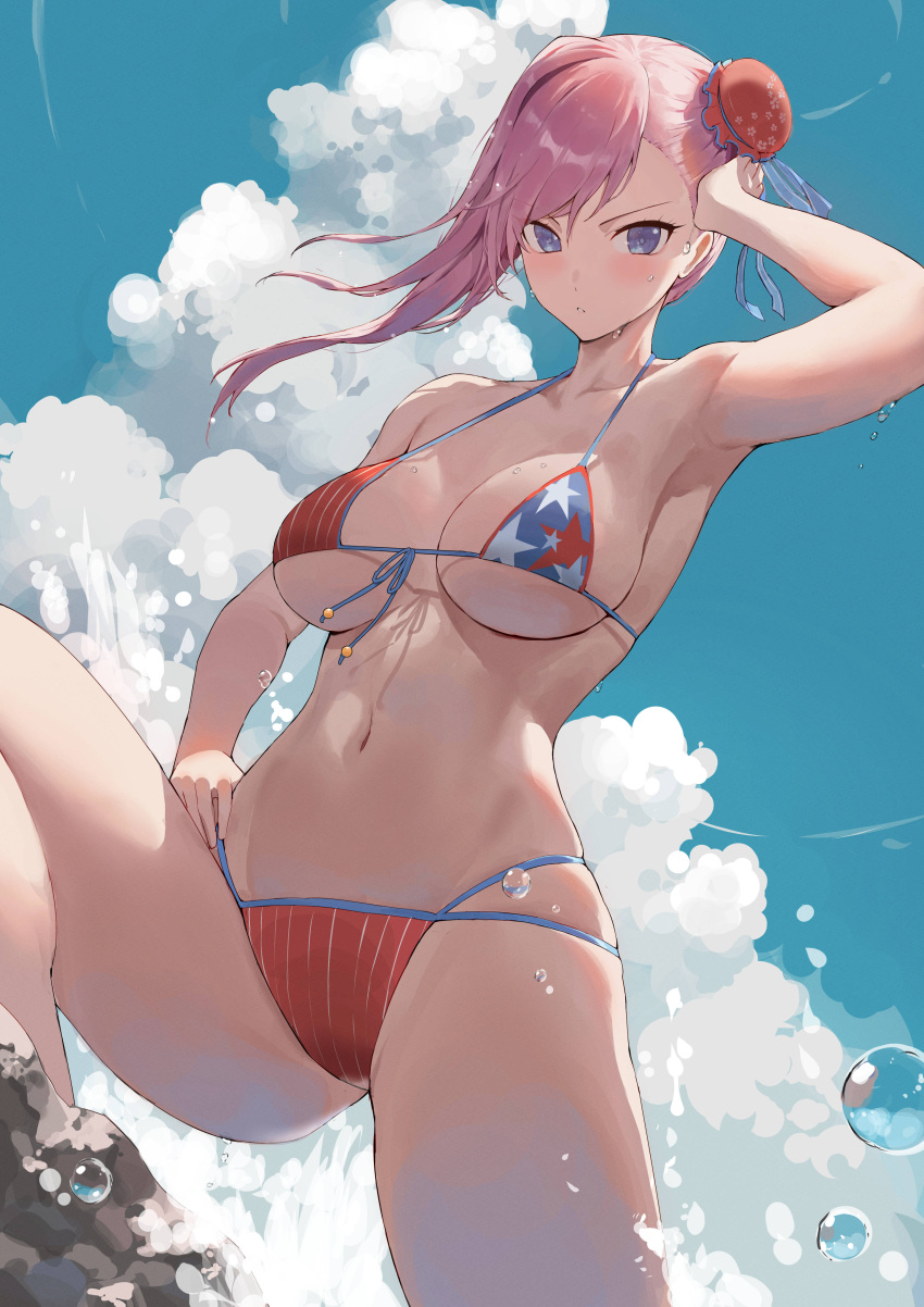 1girl absurdres american_flag_bikini armpits bare_shoulders bikini blue_eyes blue_sky blush breasts bun_cover closed_mouth cloud day fate/grand_order fate_(series) flag_print floating_hair front-tie_top hand_on_own_hip highres large_breasts looking_at_viewer miyamoto_musashi_(fate) miyamoto_musashi_(swimsuit_berserker)_(fate) miyamoto_musashi_(swimsuit_berserker)_(second_ascension)_(fate) navel outdoors parted_lips pink_hair print_bikini rororo skindentation sky solo star_(symbol) star_print stomach strap_gap string_bikini swimsuit thighs underboob v-shaped_eyebrows water wet wet_hair