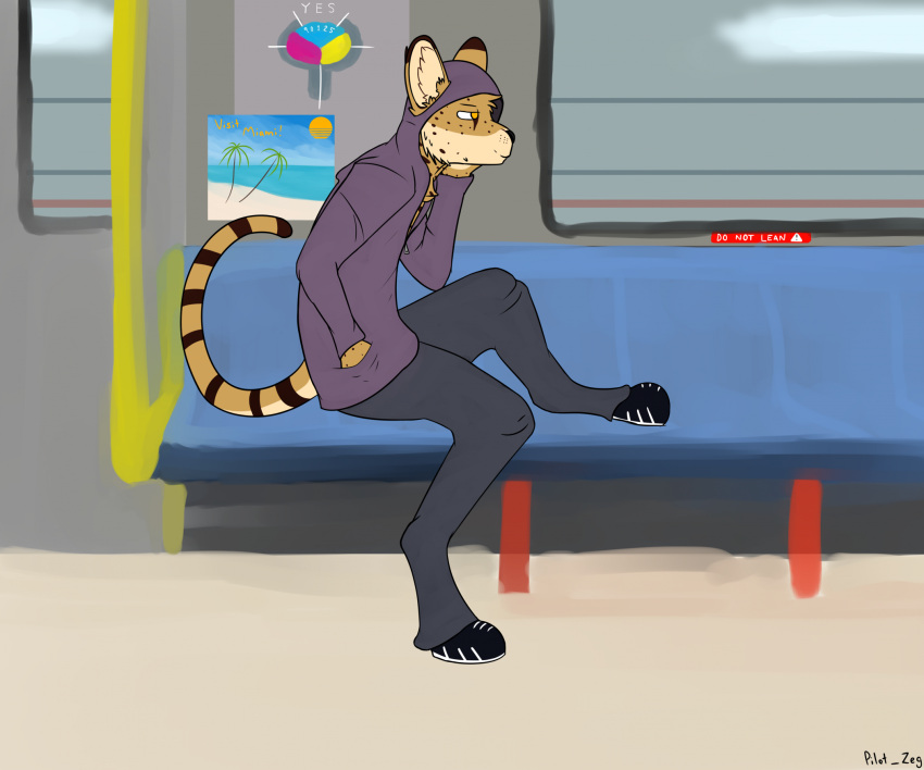 anthro body_hair bottomwear chest_hair clothing ears_up english_text felid feline footwear hand_in_pocket hand_on_face hi_res hoodie looking_away male mammal pants pilot_zeg pockets rapid_transit seat serval shoes side_view sitting solo subway tail text topwear tuft tufted_ears window