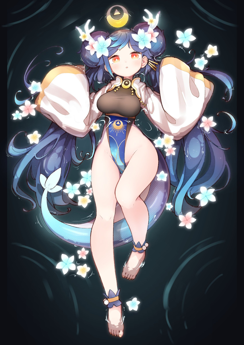 1girl absurdres barefoot blue_hair commission double_bun flower hair_bun hair_flower hair_ornament highres kinakomoti long_hair open_mouth orange_eyes original partially_submerged skeb_commission sleeves_past_fingers sleeves_past_wrists solo swept_bangs tail twintails white_flower