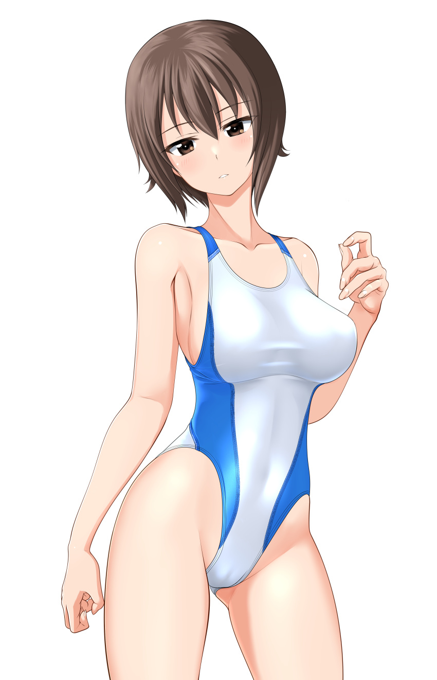 1girl absurdres black_eyes breasts brown_eyes cameltoe collarbone commentary_request competition_swimsuit contrapposto covered_navel girls_und_panzer head_out_of_frame highleg highleg_swimsuit highres large_breasts looking_at_viewer medium_breasts nishizumi_maho one-piece_swimsuit short_hair simple_background solo swimsuit takafumi two-tone_swimsuit white_background white_one-piece_swimsuit