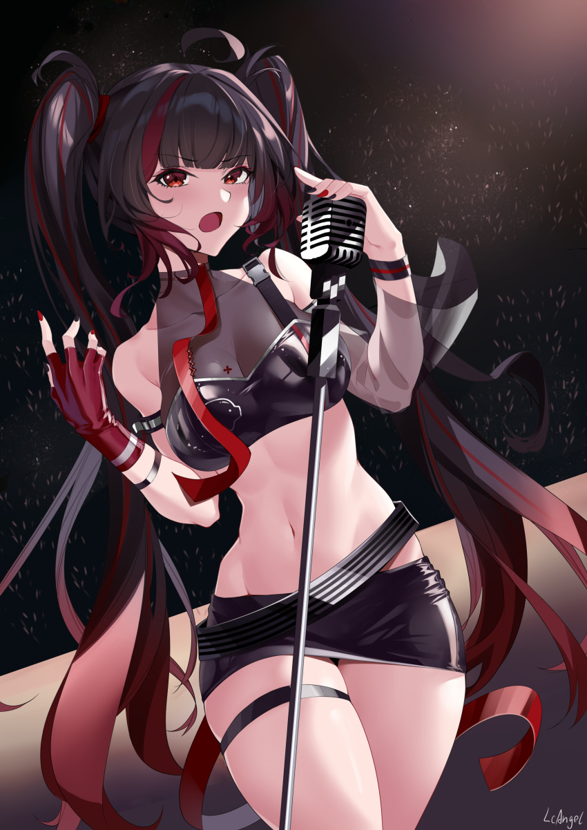 1girl absurdres ahoge artist_name bare_shoulders black_hair black_skirt breasts collarbone crop_top detached_sleeves fingerless_gloves gloves gradient_hair highres kero_(vtuber) kero_official large_breasts lc_angel long_hair microphone microphone_stand midriff multicolored_hair nail_polish navel nijisanji open_mouth red_eyes red_gloves red_hair see-through see-through_cleavage see-through_sleeves single_detached_sleeve single_glove skirt sleeveless solo stomach streaked_hair thigh_strap twintails virtual_youtuber virtuareal