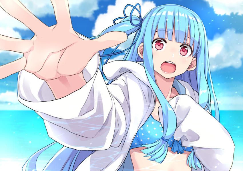 1girl asymmetrical_sleeves bikini bikini_under_clothes blue_bikini blue_hair blue_ribbon blue_sky breasts caustics cloud cloudy_sky commentary_request day hair_ribbon hand_on_own_chest jacket kotonoha_aoi light_particles long_hair long_sleeves looking_at_viewer low_tied_sidelocks ocean one_side_up open_clothes open_jacket open_mouth outdoors outstretched_hand polka_dot polka_dot_bikini red_eyes ribbon sky small_breasts solo swimsuit toromera uneven_sleeves upper_body voiceroid white_jacket wide-eyed