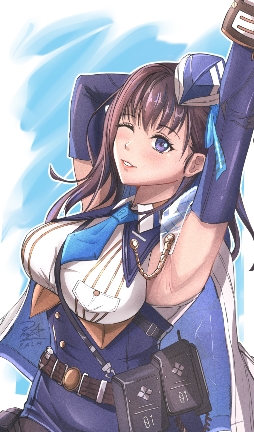 absurdres armpits arms_up blue_necktie blush breasts brown_hair detached_sleeves goddess_of_victory:_nikke hat highres lips long_hair looking_at_viewer marian_(nikke) necktie p.a.l.m purple_eyes ribbon sideboob smile sweat upper_body