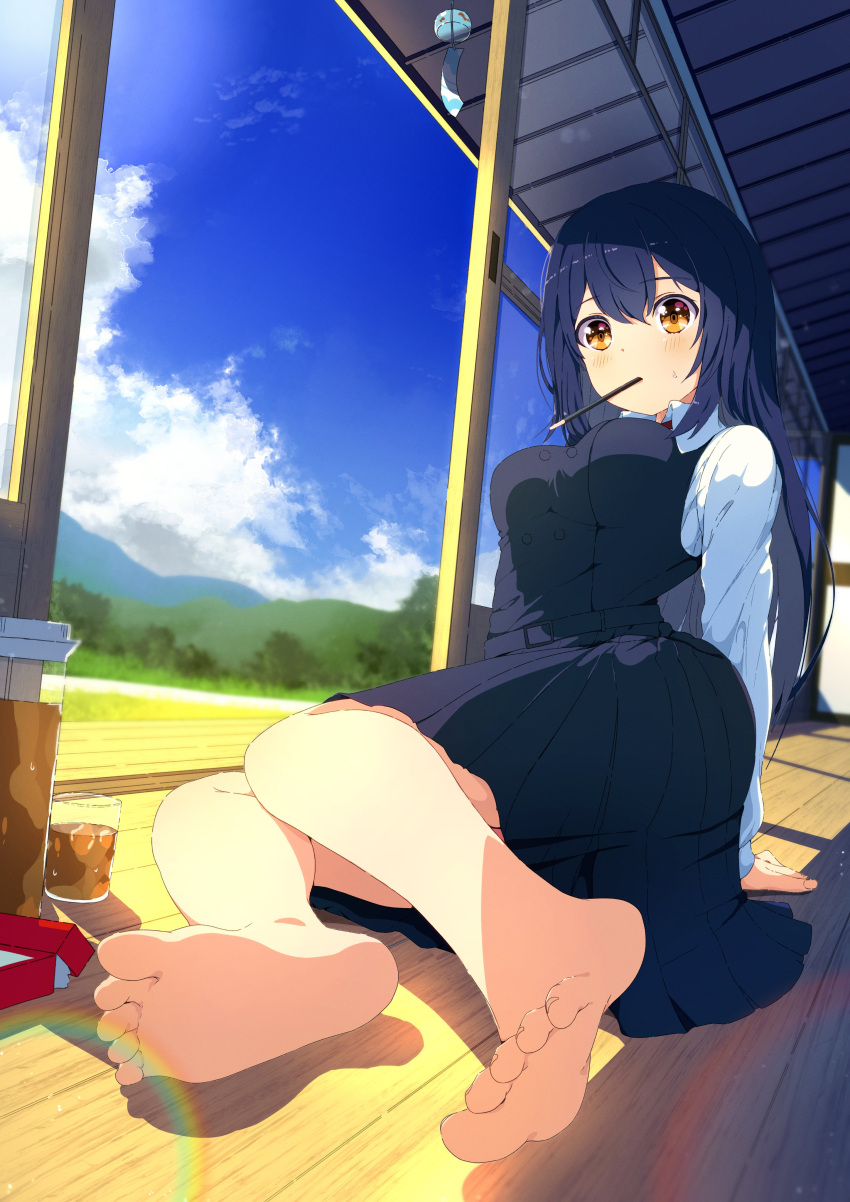 1girl absurdres aoto_mei arm_support barefoot blue_hair blue_skirt blue_sky blurry blurry_background blush breasts brown_eyes buttons cloud cloudy_sky collared_shirt cup double-breasted feet food foreshortening full_body hair_between_eyes highres impossible_clothes impossible_shirt knees_together_feet_apart kohinata_kuon leaning_back lens_flare long_hair long_sleeves medium_breasts mouth_hold original outdoors pleated_skirt pocky second-party_source shadow shirt sidelocks sitting skirt sky soles solo toenails toes white_shirt wooden_floor