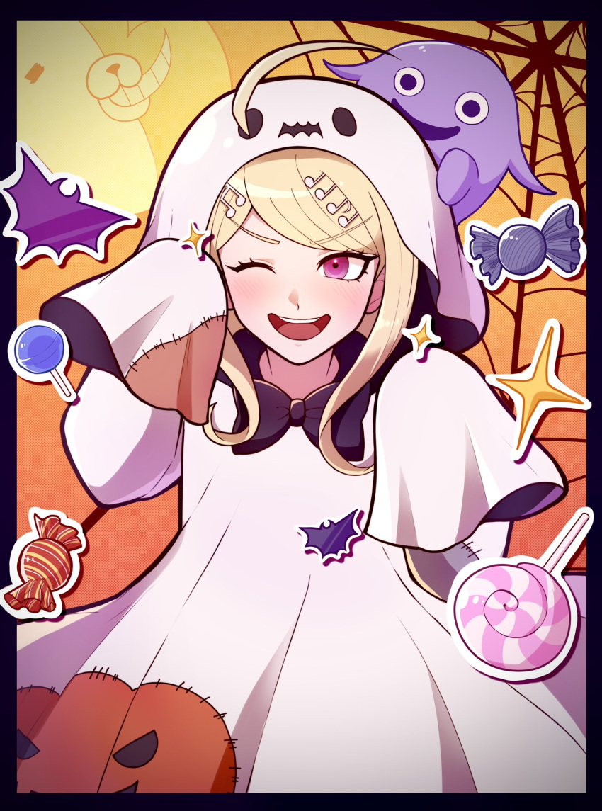 1girl ;d ahoge akamatsu_kaede black_border border bow bowtie candy cowboy_shot danganronpa_(series) danganronpa_v3:_killing_harmony food ghost hair_ornament hair_through_headwear hands_up highres hood hood_up kirin_(suzoke_1) long_hair long_sleeves monokuma musical_note musical_note_hair_ornament oma_kokichi one_eye_closed orange_background pink_eyes purple_bow purple_bowtie silk smile solo spider_web sticker teeth upper_teeth_only