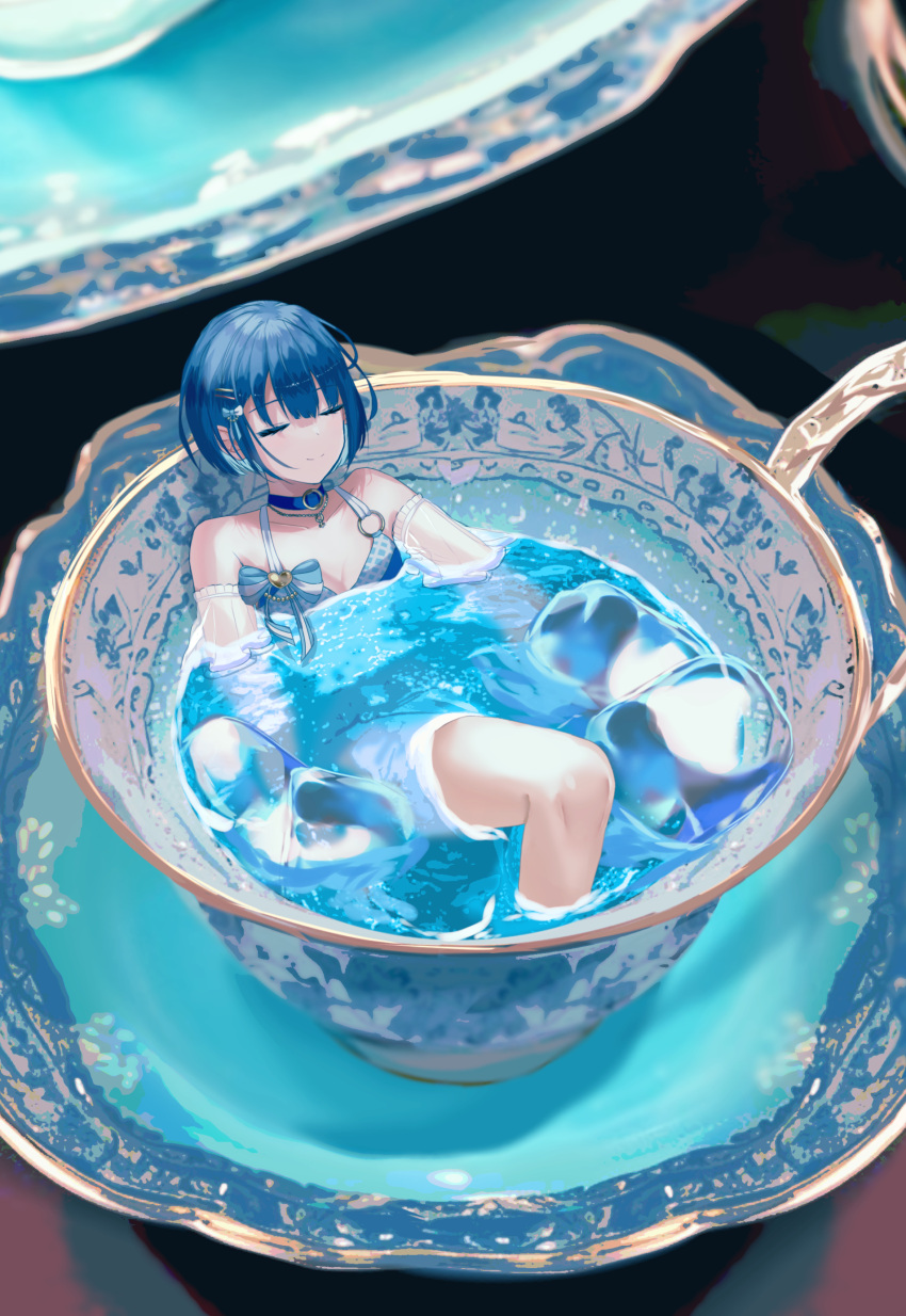 1girl absurdres bikini blue_bikini blue_bow blue_choker blue_hair blue_theme blunt_bangs blurry blurry_background bow breasts choker cleavage closed_eyes collarbone commentary cup detached_sleeves hair_ornament hairclip halterneck highres ice ice_cube jewelry kiritani_haruka medium_breasts mini_person minigirl necklace neu_33 partially_submerged project_sekai qinghua_(porcelain) saucer short_hair sidelocks smile solo swimsuit teacup water