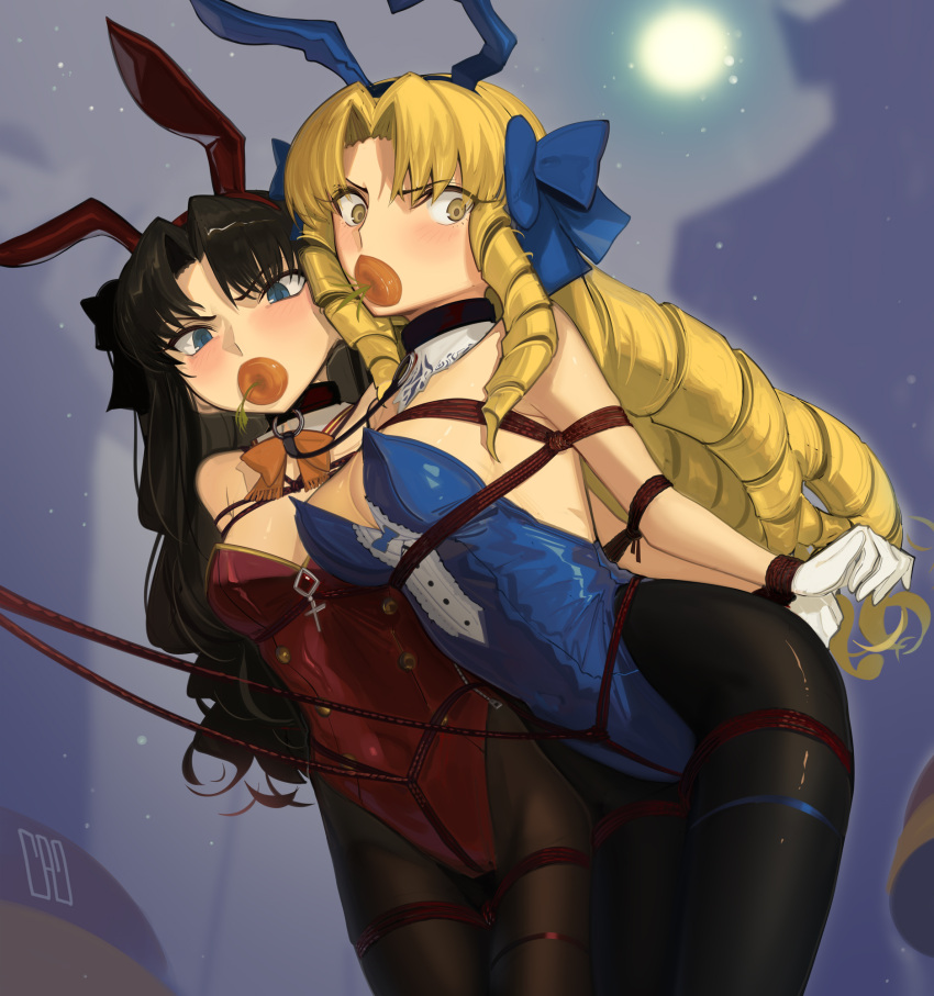 2girls animal_ears bare_shoulders bdsm black_hair black_pantyhose blonde_hair blue_eyes blue_leotard blush bondage bound bow breasts brown_pantyhose cad_(caddo) carrot cleavage covered_navel detached_collar drill_hair fake_animal_ears fate/hollow_ataraxia fate/stay_night fate_(series) gloves hair_bow highleg highleg_leotard highres large_breasts leotard long_hair looking_at_viewer luviagelita_edelfelt medium_breasts mouth_hold multiple_girls pantyhose parted_bangs playboy_bunny quad_drills rabbit_ears red_leotard restrained shibari thighs tohsaka_rin two_side_up white_gloves yellow_eyes