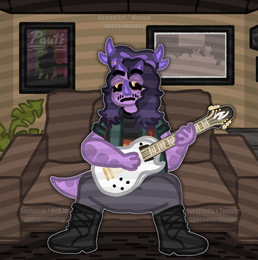 2023 3_horns 4k absurd_res anthro artist_name boots ceratopsian clothing detailed_background digital_drawing_(artwork) digital_media_(artwork) dinosaur facial_hair footwear frill_(anatomy) furniture goodbye_volcano_high guitar hair hi_res horn inside jacket long_hair long_tail male multi_horn multicolored_body multicolored_scales musical_instrument mustache on_sofa opossumvalley orange_eyes ornithischian playing_guitar playing_music plucked_string_instrument purple_body purple_hair purple_scales reptile scales scalie sitting sitting_on_sofa sofa solo string_instrument styracosaurus tail topwear trent_(gvh) two_tone_body two_tone_scales watermark